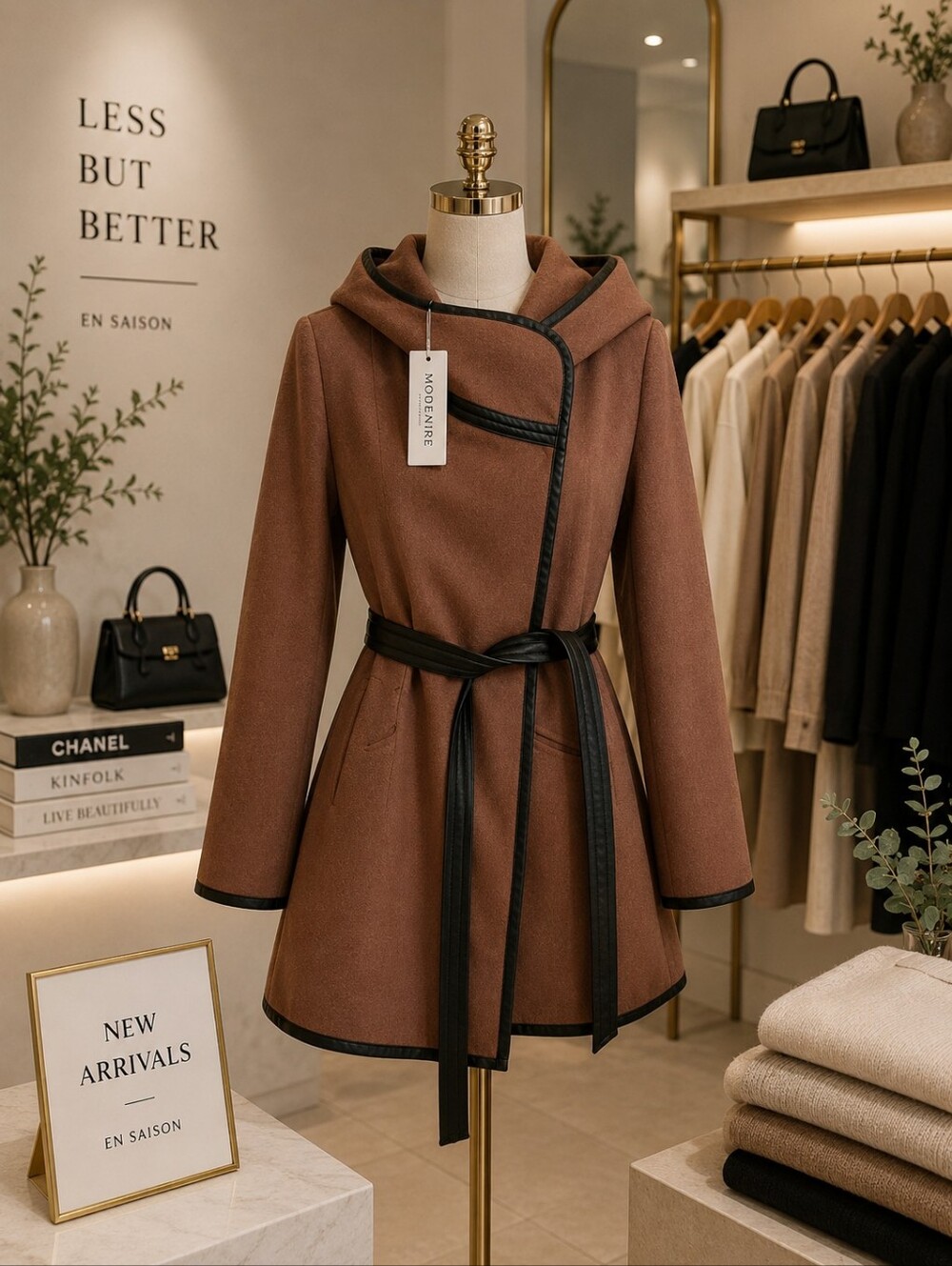 BB Dakota Brown Hooded Wrap Coat with Black Trim